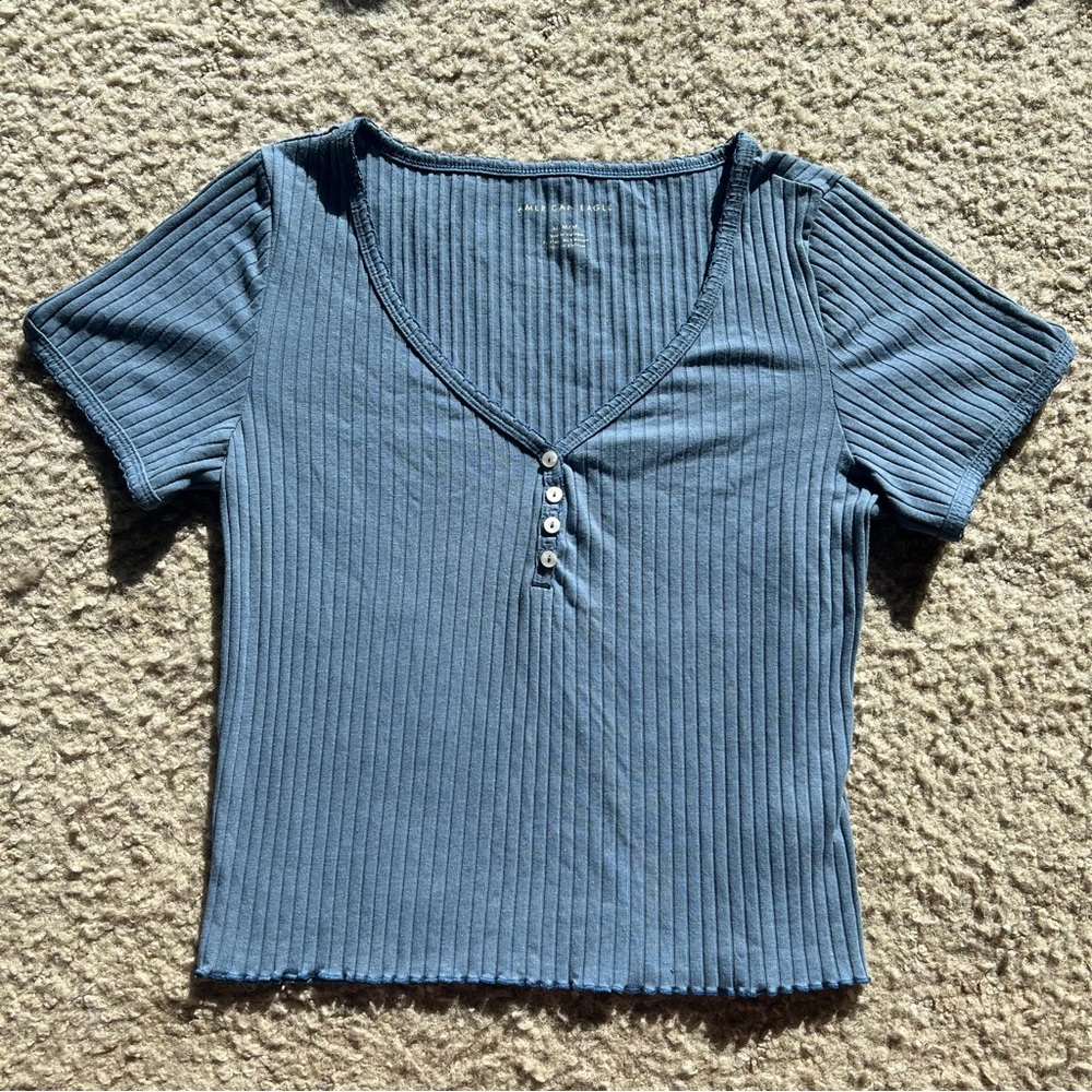 Blue Ribbed V-Neck Top